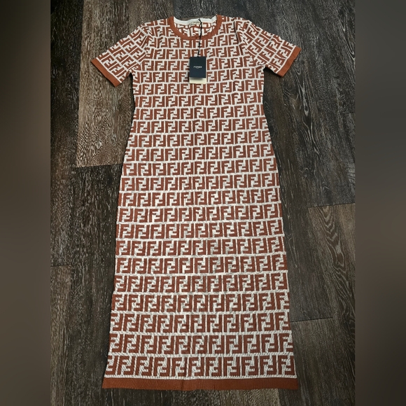 Fendi Brown FF Monogram Midi Dress 100% Authentic Made in Italy Size L - Picture 4 of 10